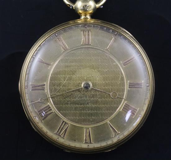 A 19th century 18ct gold open face keywind pocket watch by Aldred, Yarmouth, No. 154, with engraved Roman dial.